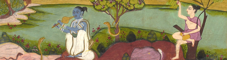 Asavari Ragini, blue-skinned, charming snakes and fish with wind instrument, with attendant sitting in tree. Circa 1800.